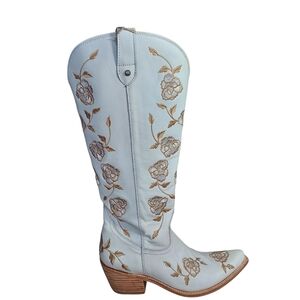 LIBERTY Black White and Tan Embroidered Floral Wide Calf Western Boots Side Zip